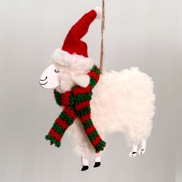 Wooden Woolly Sheep Christmas Decoration