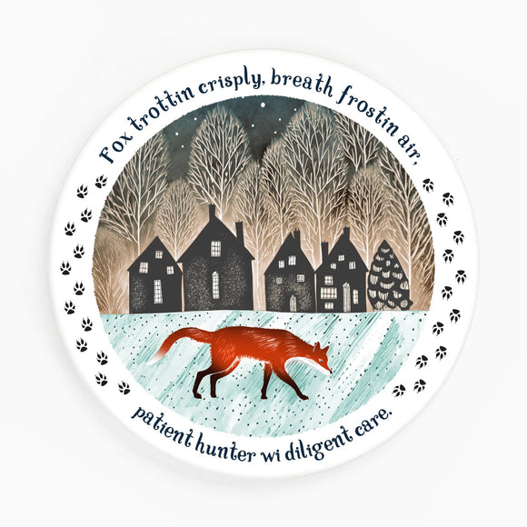 Fox in Village, Christmas Ceramic Coaster
