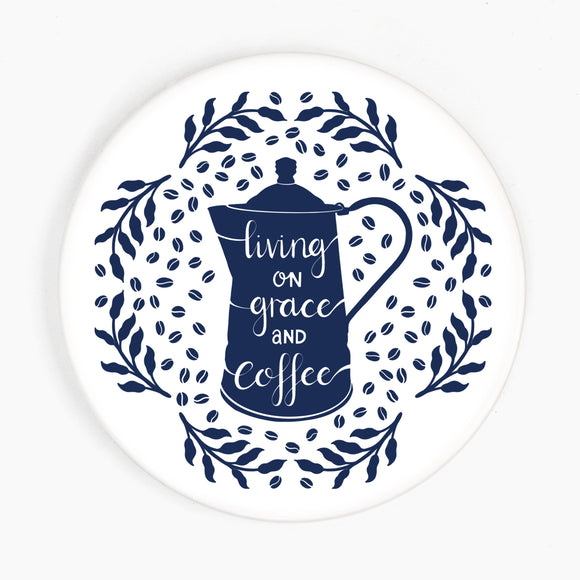 Living on Grace & Coffee Ceramic Coaster